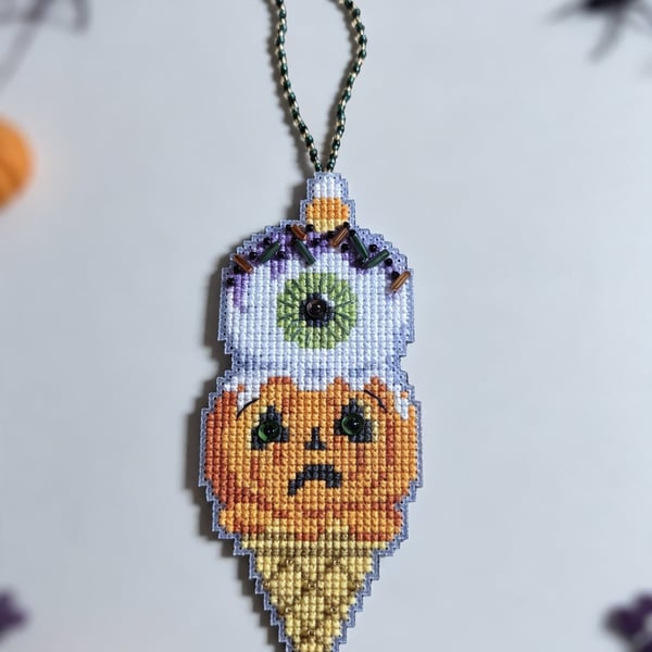 Cross Stitch Spooky Eyeball Pumpkin Ornament Halloween Hanging Decoration