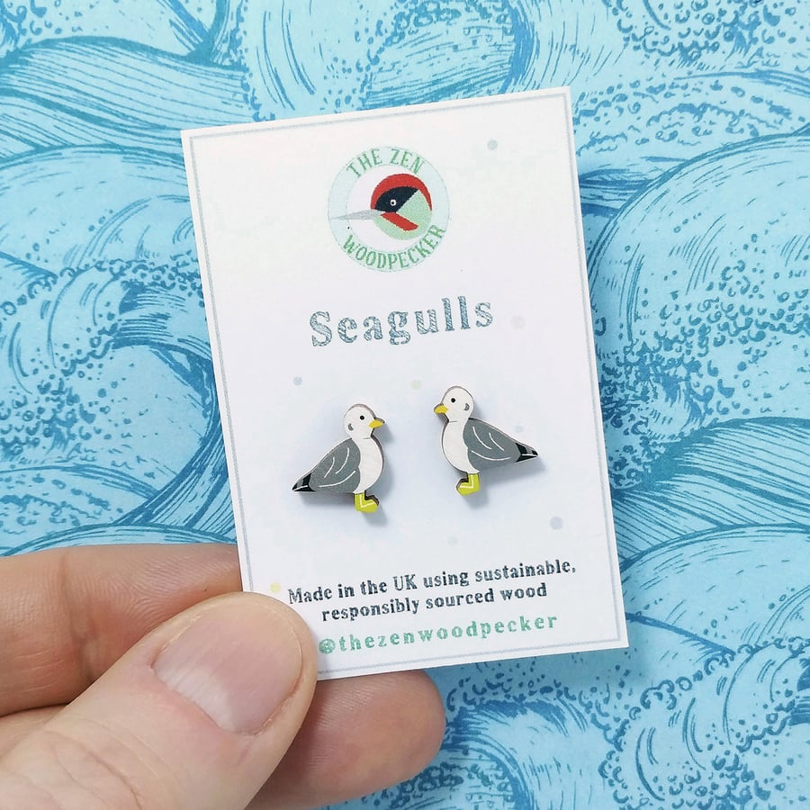 Seagull Earrings, Seabird Studs, Silver Plated or Sterling Silver Backs, Seaside