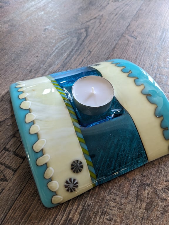 Fused Glass Candle Bridge 14cm Turquoise blue & Vanilla cream