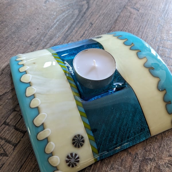 Fused Glass Candle Bridge 14cm Turquoise blue & Vanilla cream