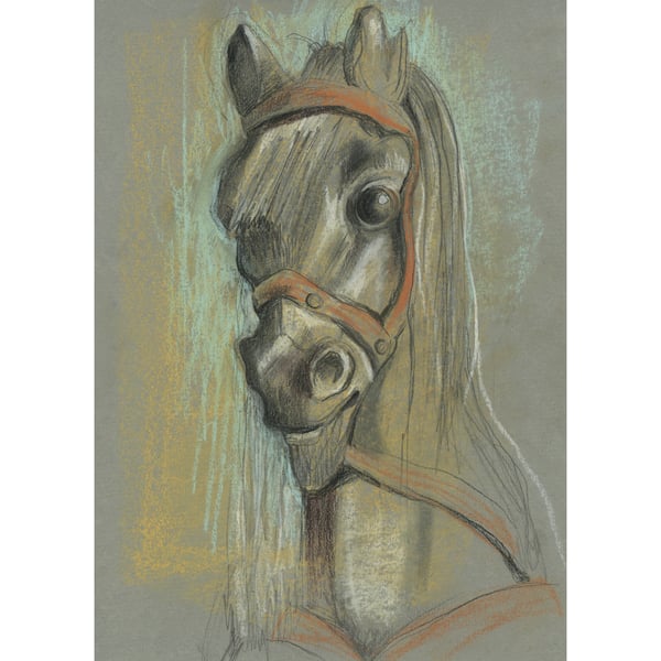 Horse drawing - Study of a Rocking Horse, pencil and chalk pastel drawing 