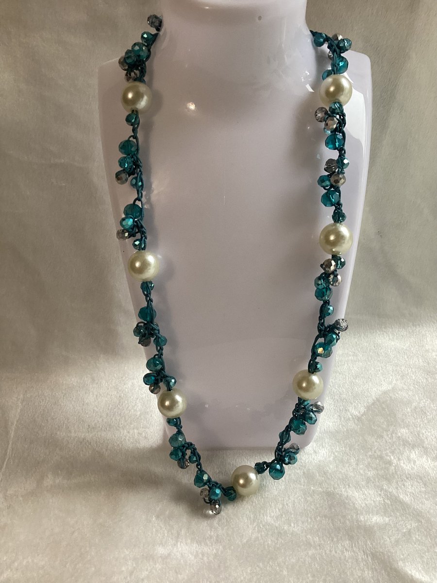 Necklace, crochet choker, blue necklace.