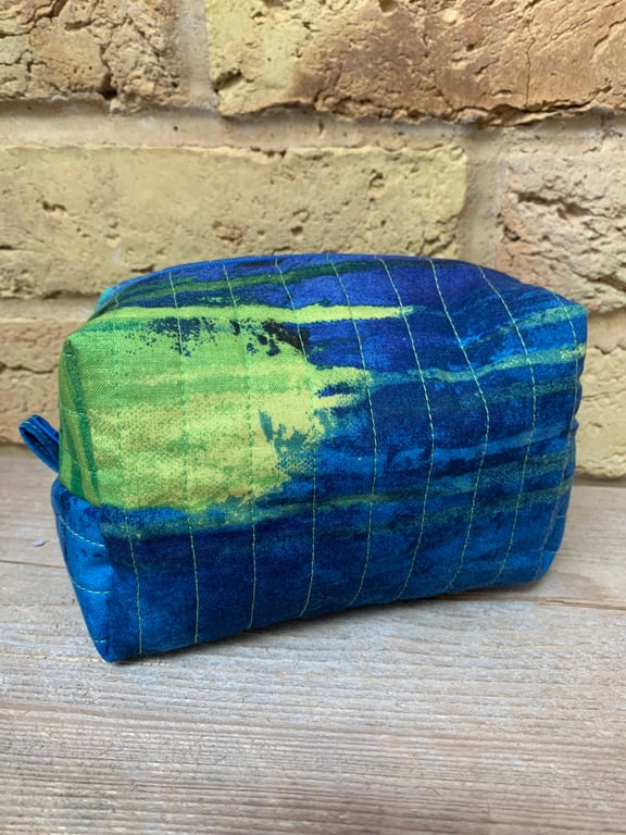 Blue and Green Quilted Fabric Box Shape Makeup Bag