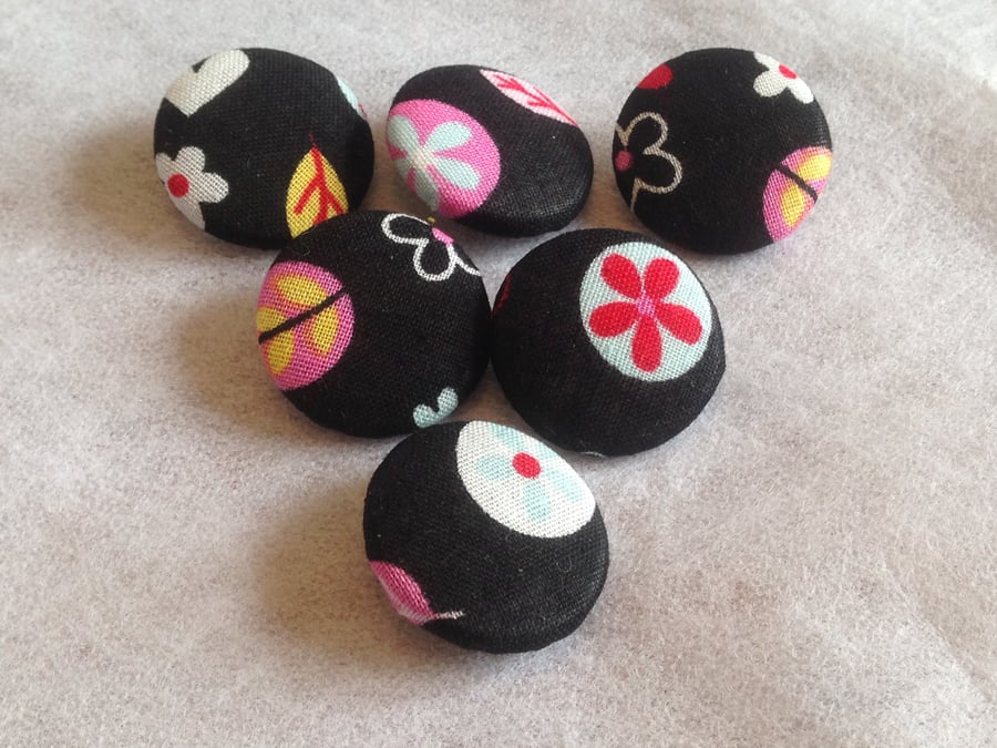 25mm, Large, Black, Cotton, Fabric Covered Buttons - Choice of Pack Size 