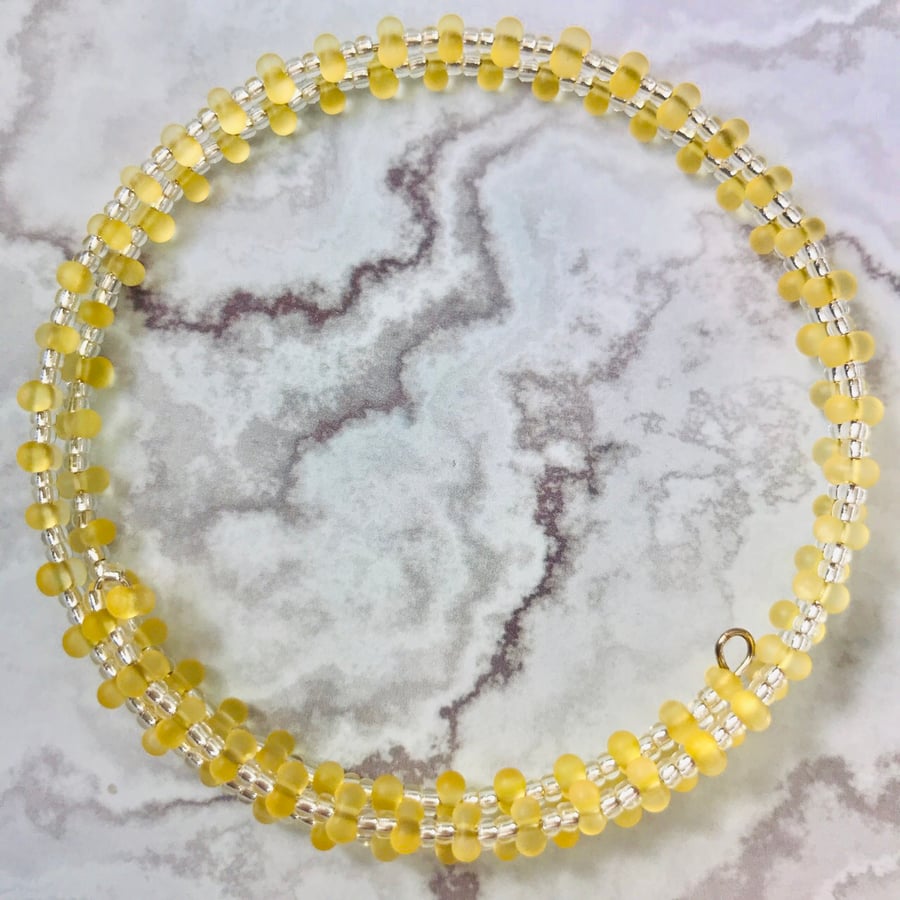 Clear, Silver Lined & Frosted Yellow Doubled, Seed Beaded Memory Wire Bracelet 