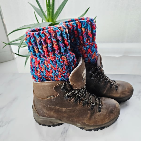 Rainbow Brights Crochet Boot Cuffs, Vibrant Multicoloured Ankle Warmers
