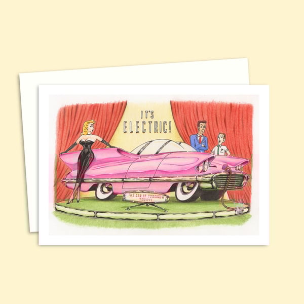 Retro Style Electric Car Greeting Card - Hand Drawn Any Occasion Card