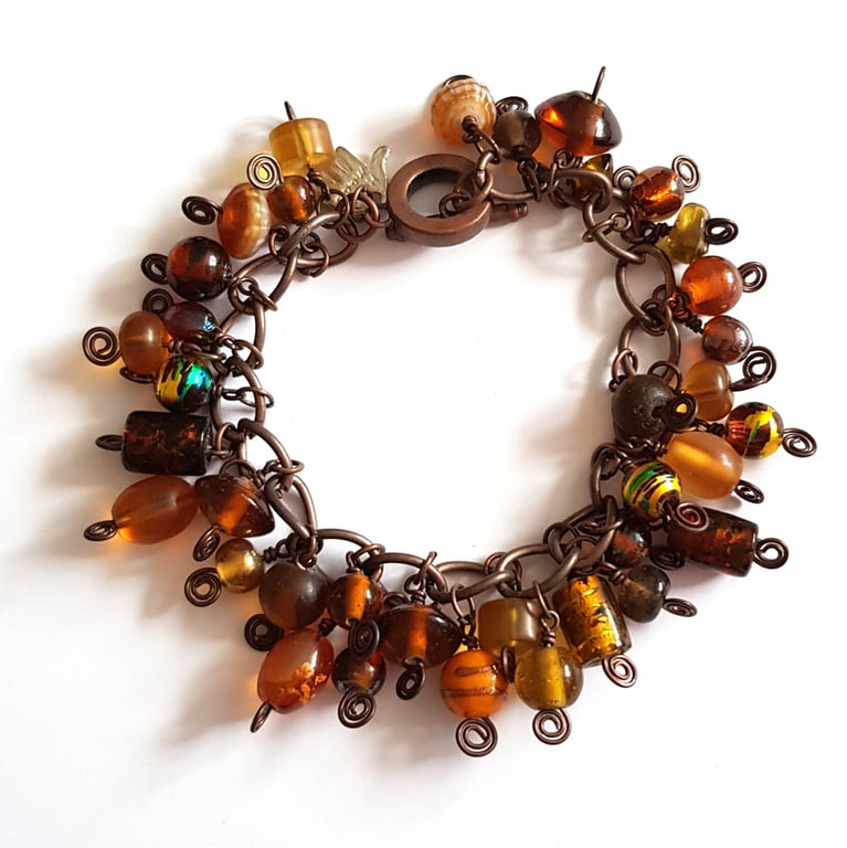 Amber and Copper Tone Cluster Bead Bracelet with Wire Spirals