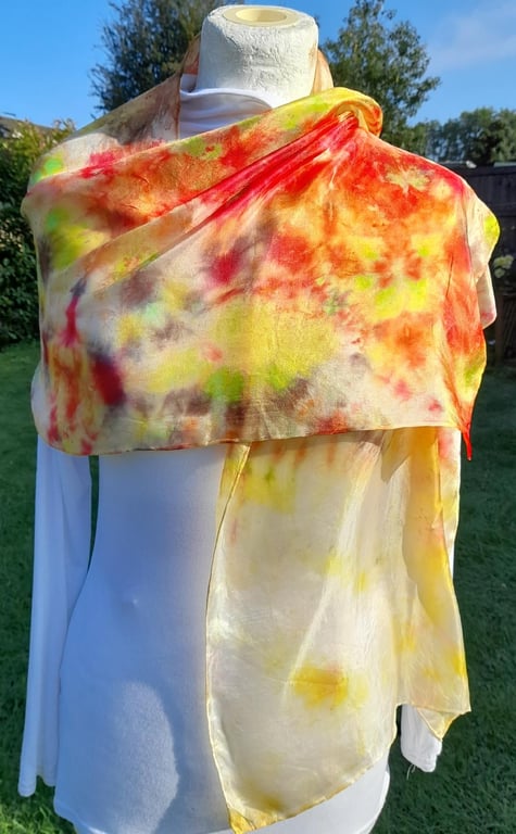 Stunning Pure Silk Hand Dyed Scarf in Yellows and Red.  'Sunburst'