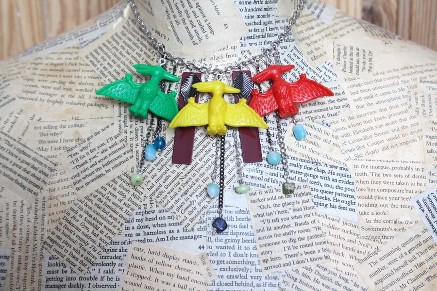 Dinosaur Toy Assemblage Stone Bead Statement Necklace