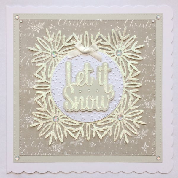 Christmas Card Let It Snow Glitter Snowflakes White Christmas 3D Luxury Handmade