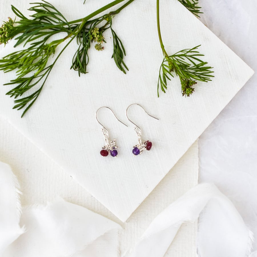 Tiny Star with Ruby and Amethyst Cluster Earrings