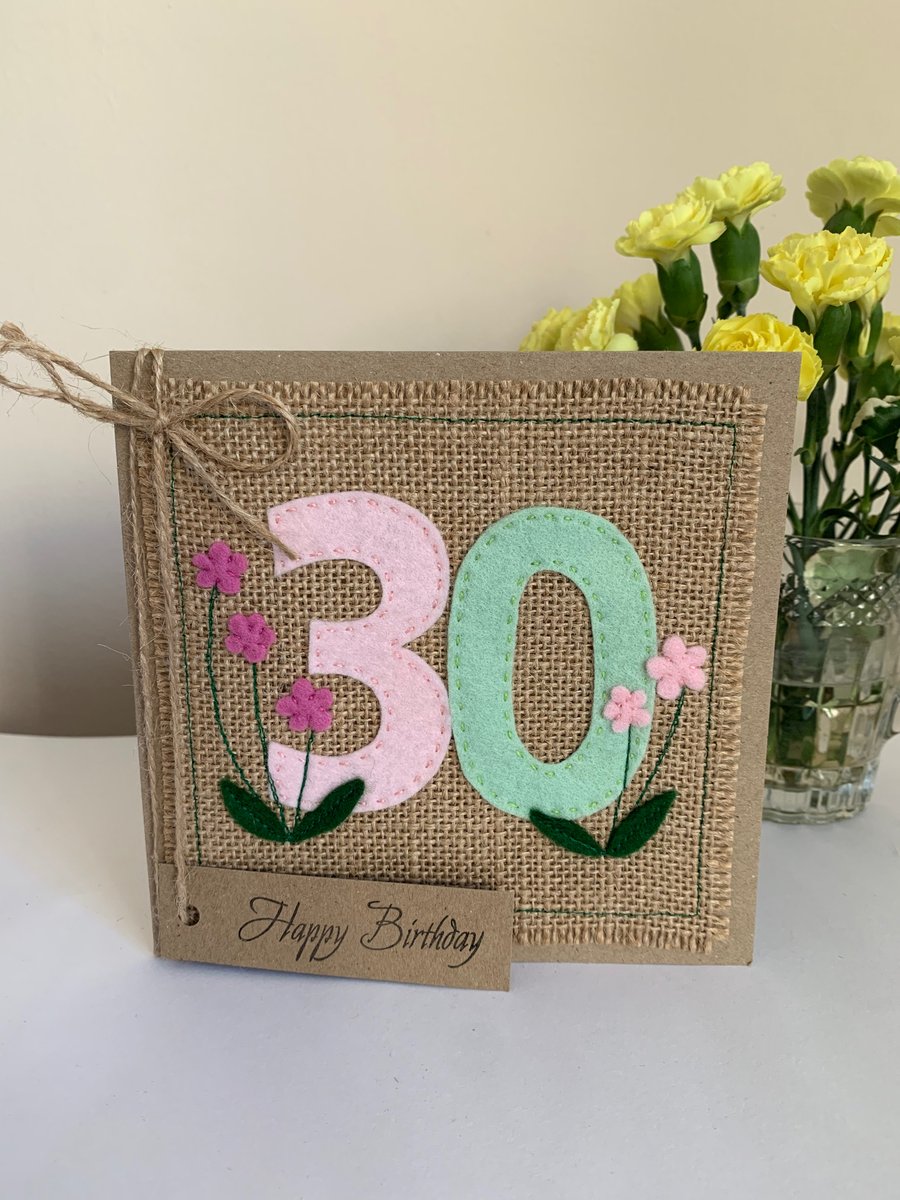 Handmade 30th Birthday Card. Keepsake Card. Textile Card.