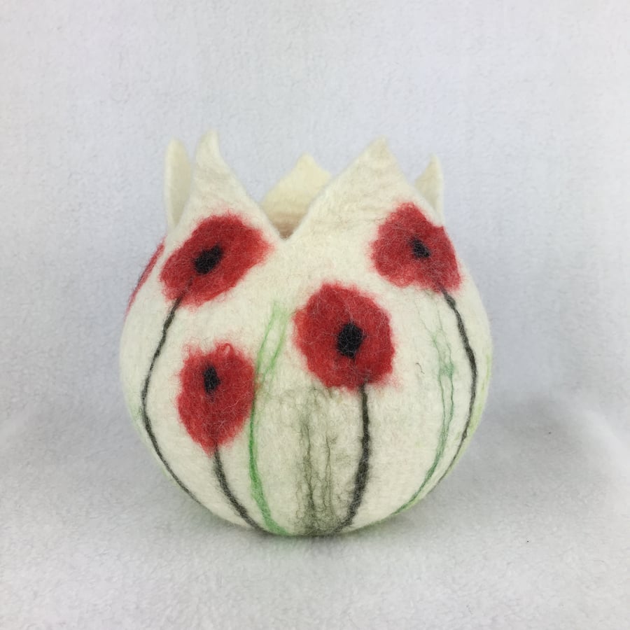 Wet felted pod, plant pot, ornamental pot, white with poppies