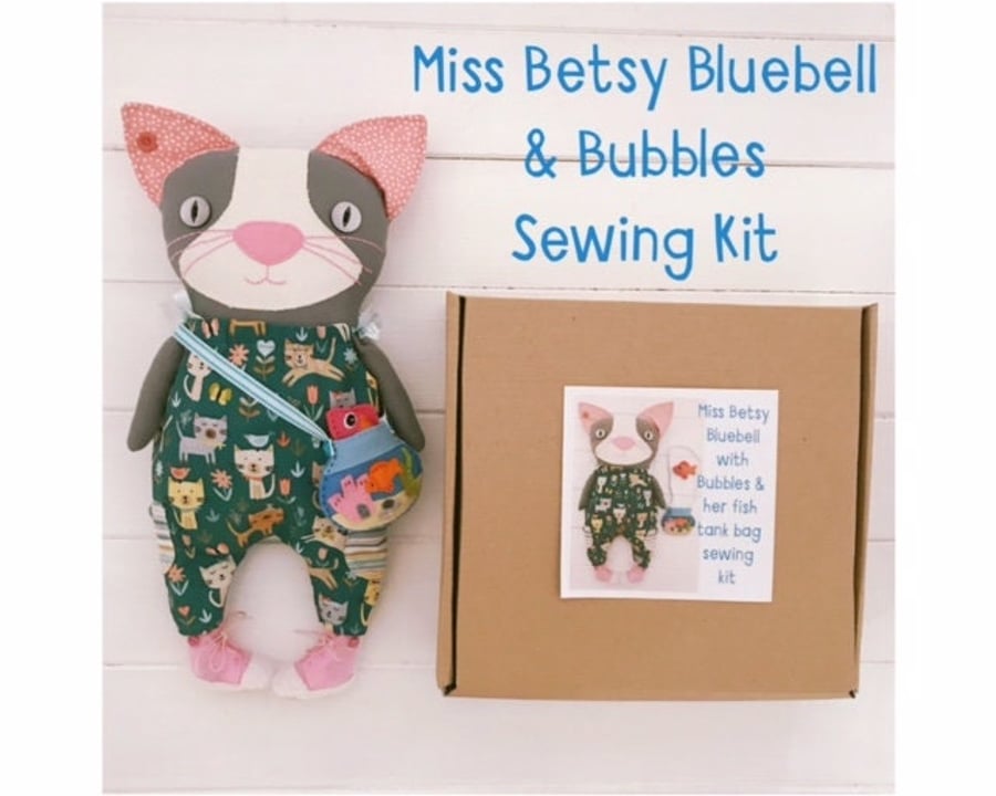 Craft Kit To Make Cloth Cat Doll 'Miss Betsy Bluebell' & her friend 'Bubbles'