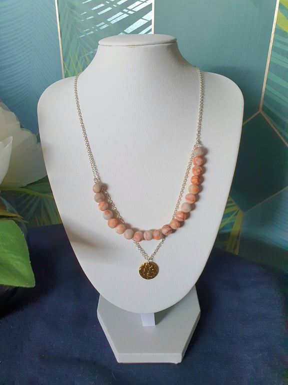 Natural Red Orange Jasper gemstone layered sterling silver necklace 