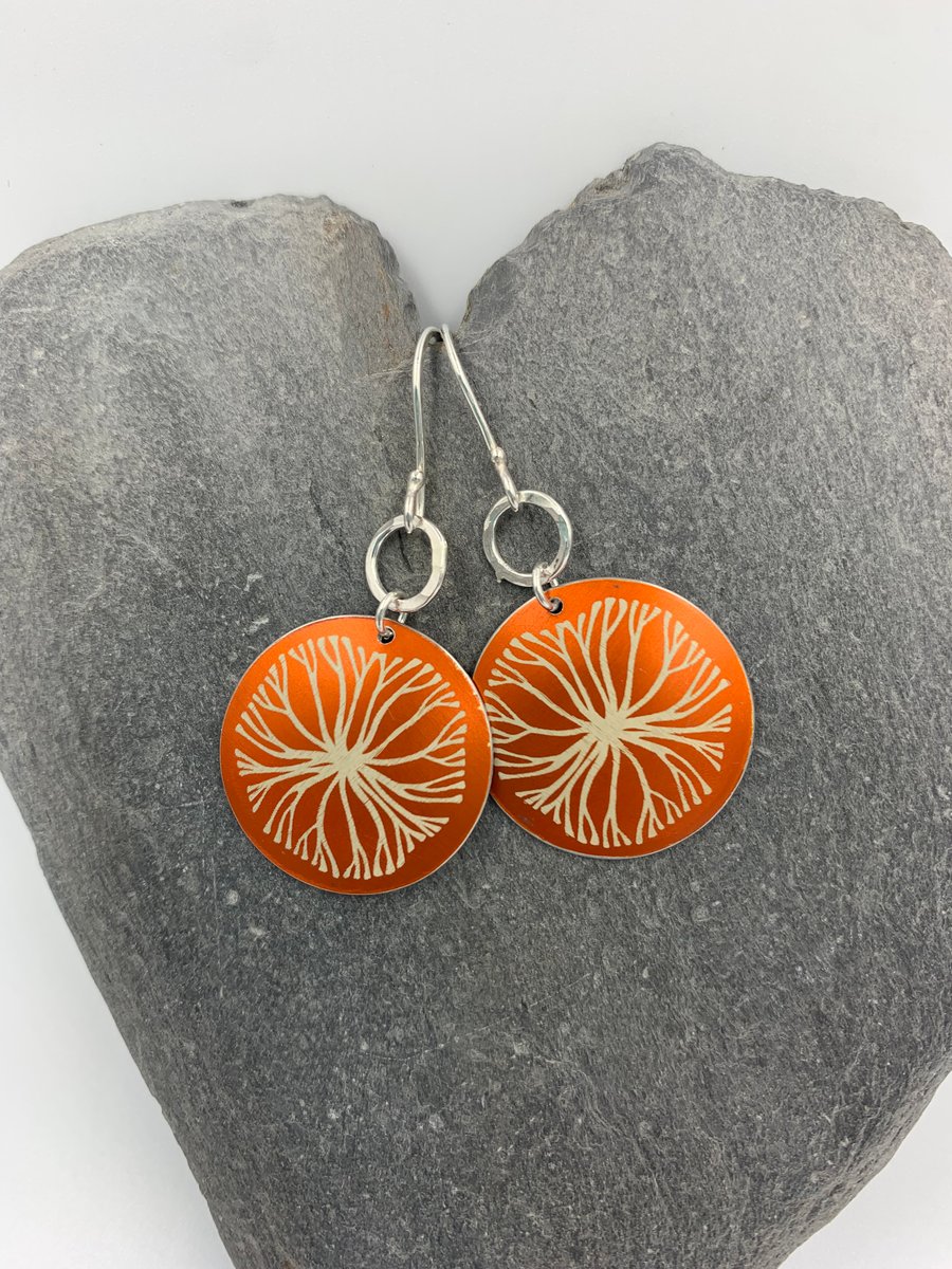 Orange aluminium circle tree earrings with silver ring 