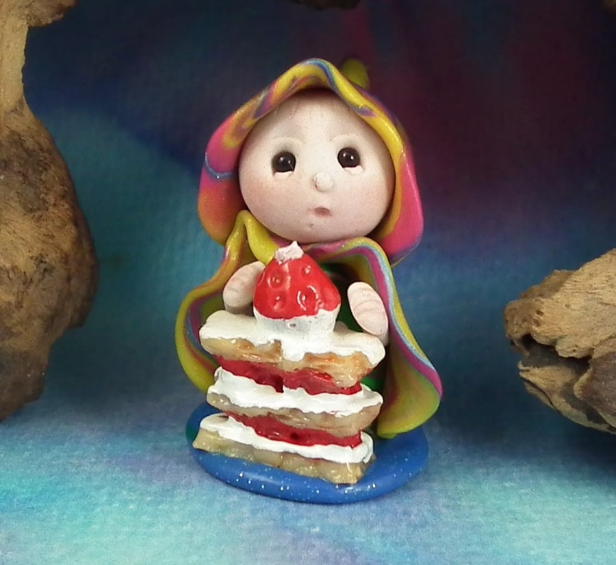 Sale Tiny Garden Party Gnome 'Nancy' with cream cake OOAK Sculpt Ann Galvin