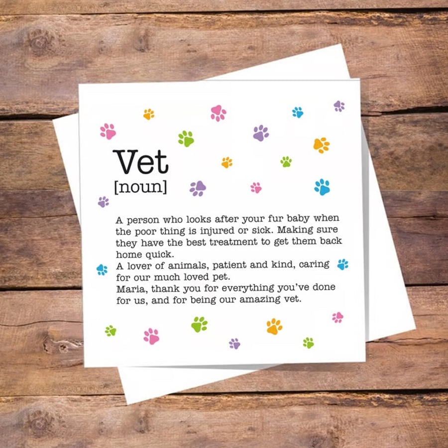 Vet Definition Card - Birthday, Thank you, personalised, blank inside