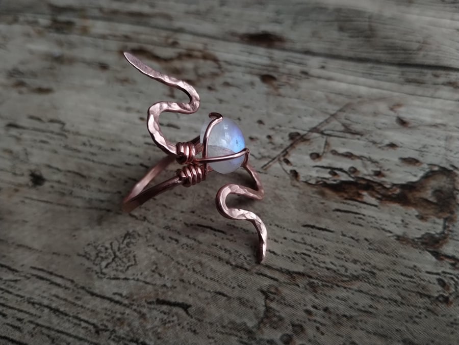 Snake Rainbow Moonstone Copper Ring, Gothic Gemstone Snake Statement Ring