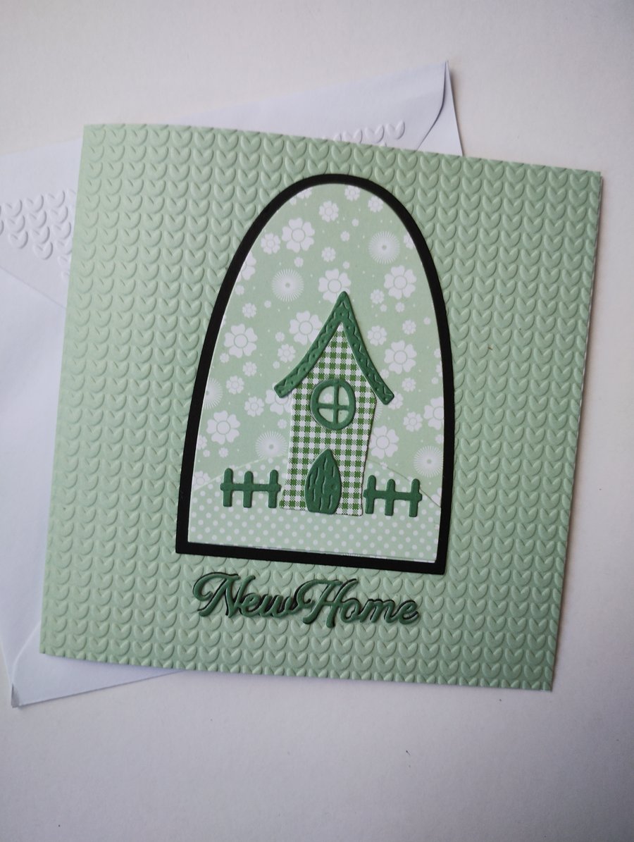 New Home - Green Gingham House on Knitted Effect Card base 