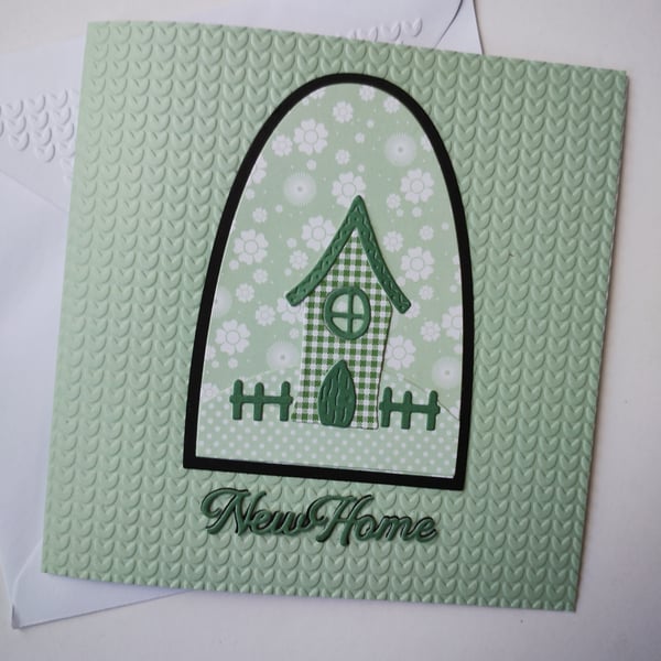 New Home - Green Gingham House on Knitted Effect Card base 