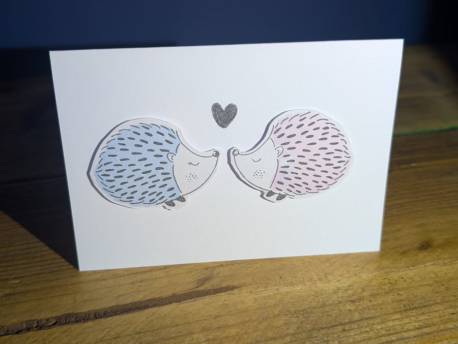 Handmade card with hedgehog, heart design with envelope
