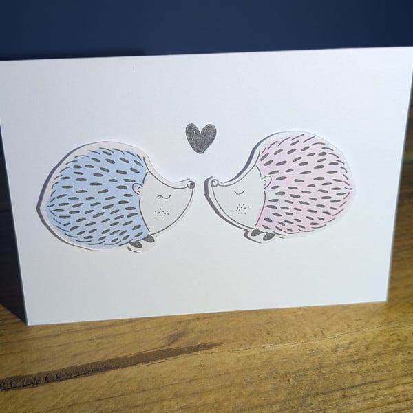 Handmade card with hedgehog, heart design with envelope