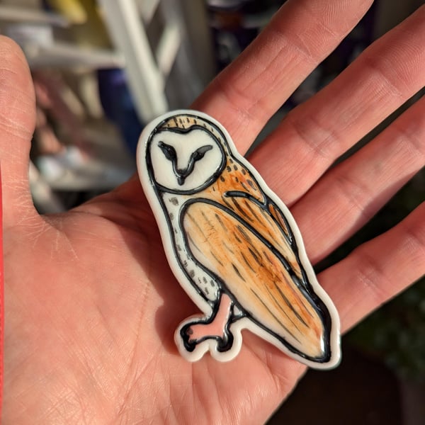 Barn owl hand painted porcelain brooch, owl power animal, wild bird small gift 