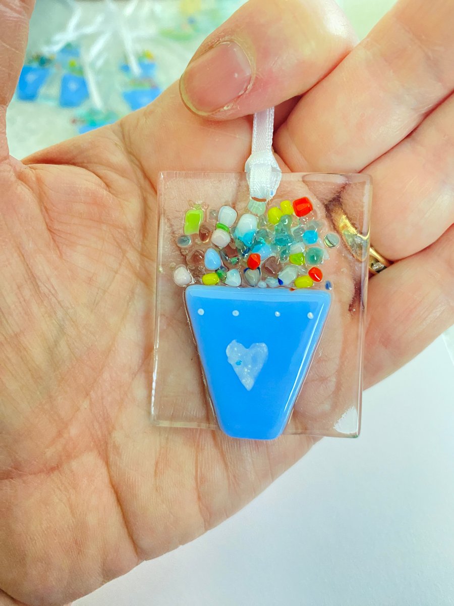 Fused glass flower pot hanging keepsake birthday card