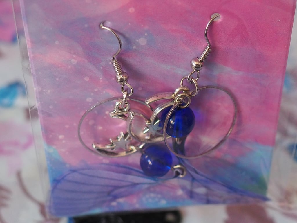 Butterfly Wing Dangle Earrings Lilac Wings with Moon and Star Charms and Blue Be