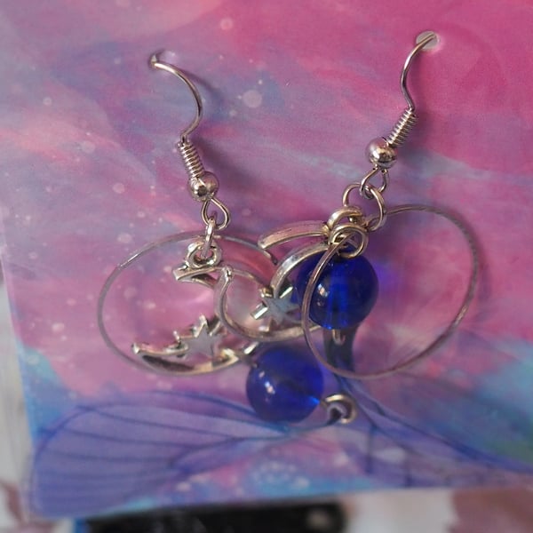 Butterfly Wing Dangle Earrings Lilac Wings with Moon and Star Charms and Blue Be