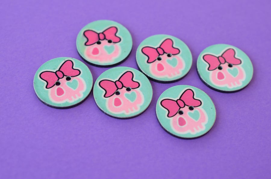 Cute Skull with Bow Buttons Aqua Pink Plastic 6pk 25mm (P6)