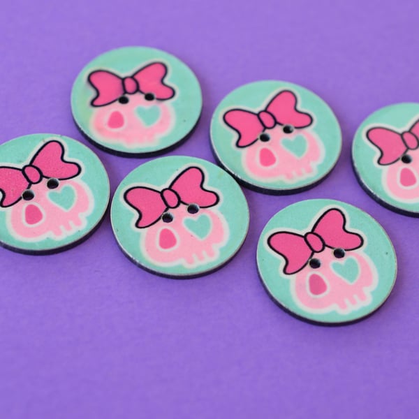 Cute Skull with Bow Buttons Aqua Pink Plastic 6pk 25mm (P6)