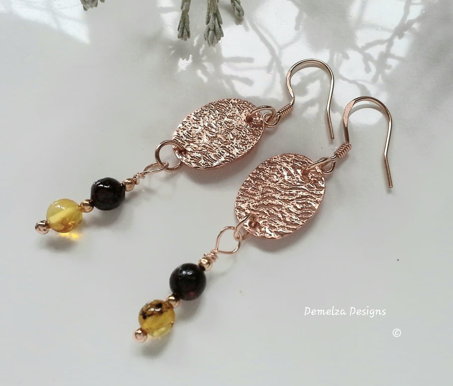 Baltic Amber Rose Gold Vermeil over 925 Sterling Silver Earrings