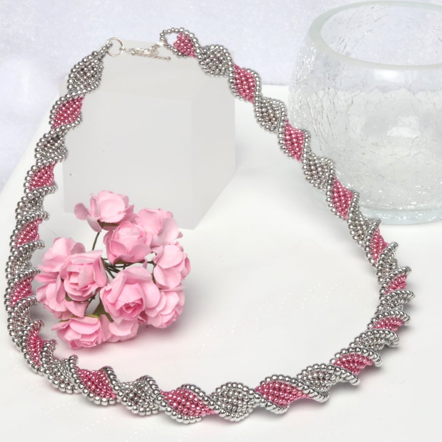 Pink and Silver Spiral Rope Necklace