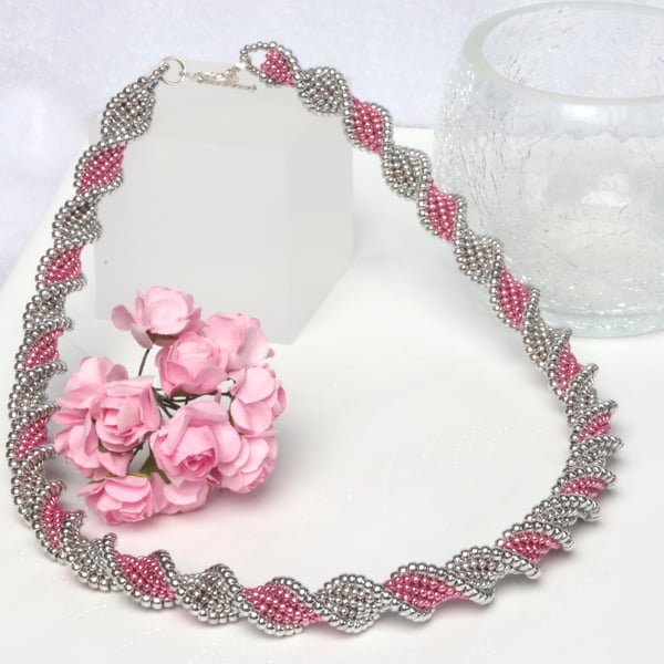 Pink and Silver Spiral Rope Necklace