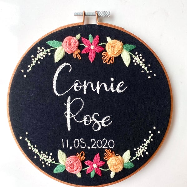Name & Date Handmade Embroidery Hoop With Floral Details, Personalised Embroider