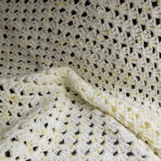 Crochet Baby Blanket Christening Gift Lemon & White Pastel 