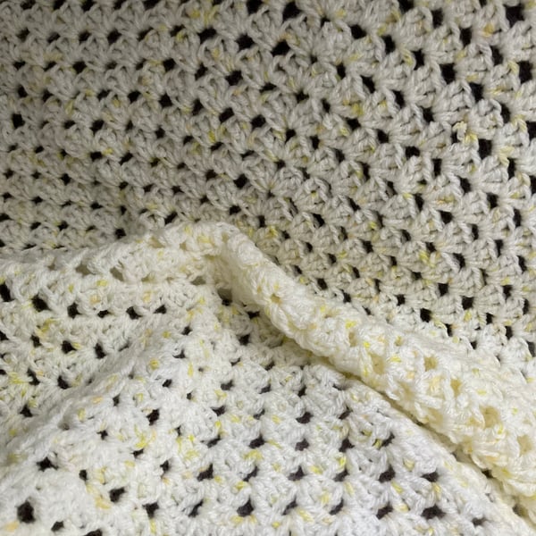 Crochet Baby Blanket Lemon & White Pastel Granny Square 