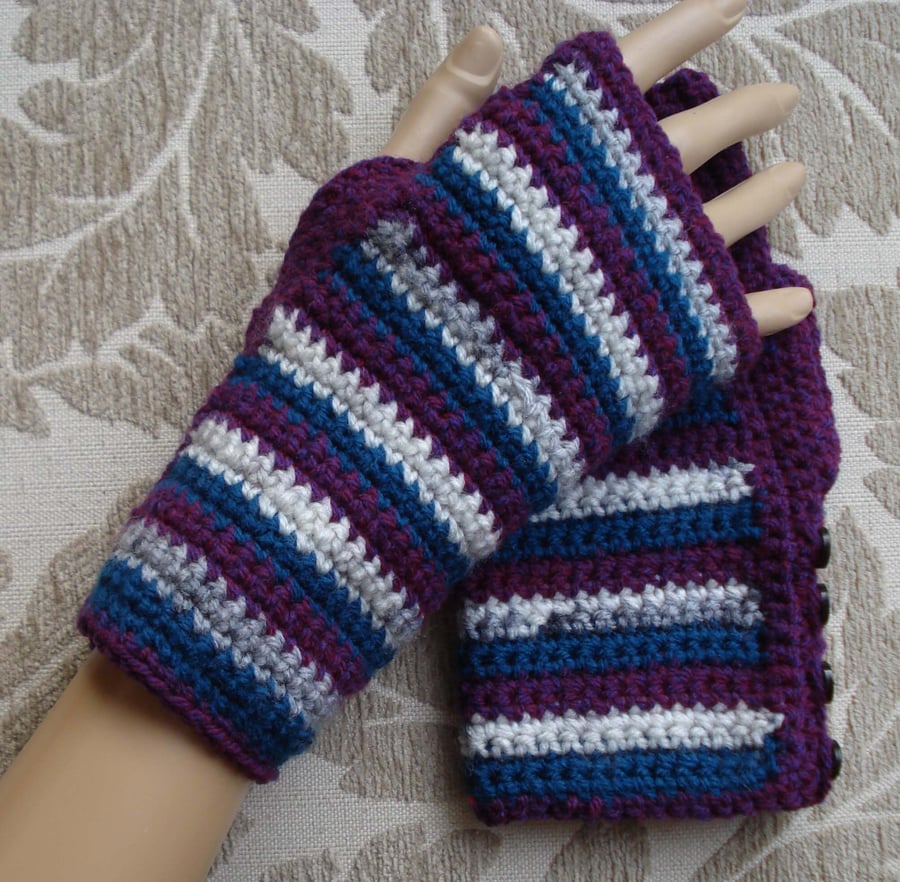 Crochet Fingerless Gloves Plum, Grey, Teal, White With Black Buttons (R416)