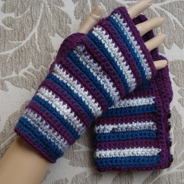 Crochet Fingerless Gloves Plum, Grey, Teal, White With Black Buttons (R416)