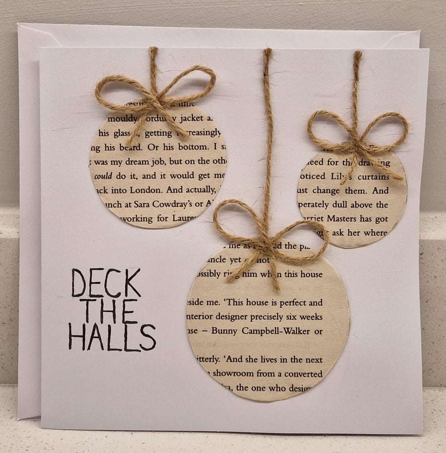 Deck the Halls handmade Christmas Card using book paper & jute twine