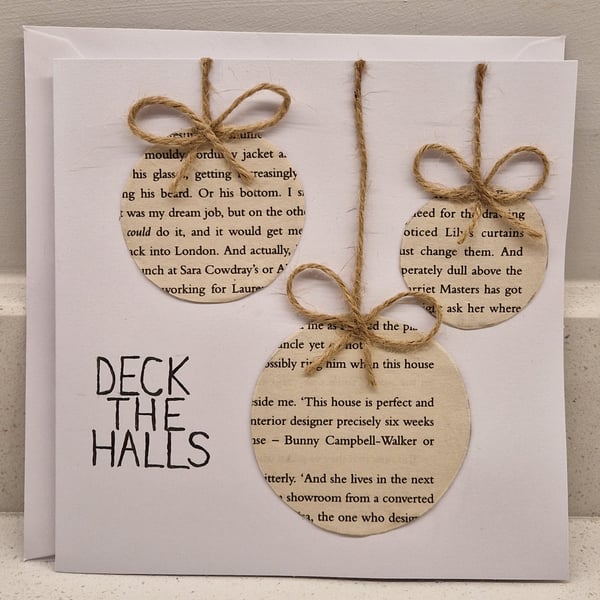 Deck the Halls handmade Christmas Card using book paper & jute twine