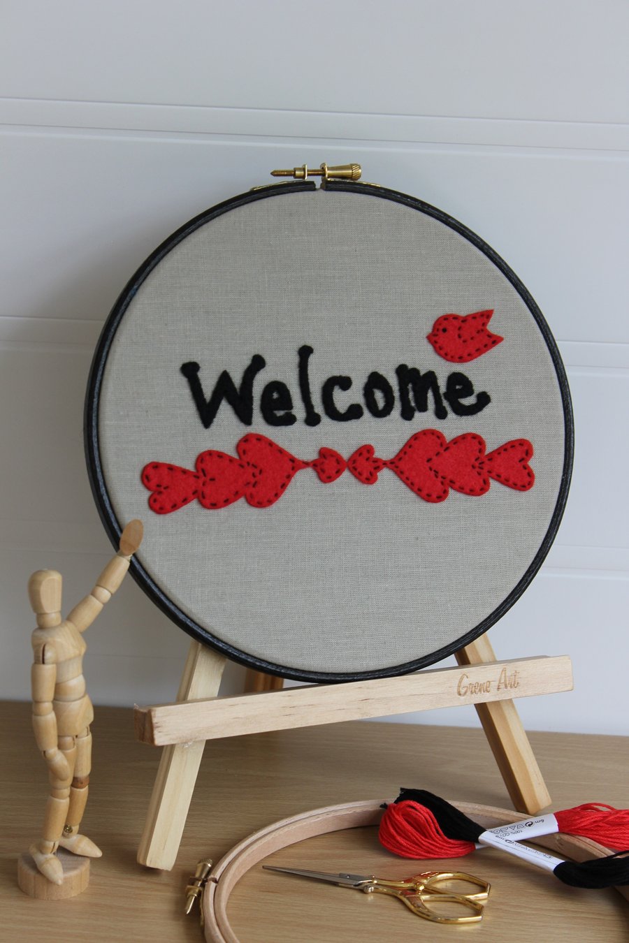 Welcome Sign, Felt Applique Hand Embroidered Hoop, Greeting Sign