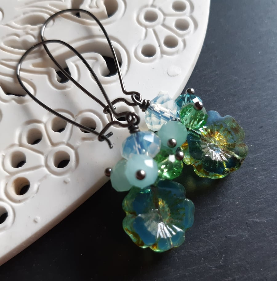 Czech pressed glass flower and crystal cluster vintage style earrings 