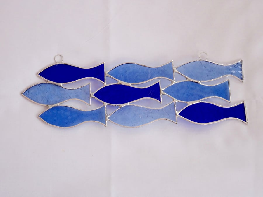 Stained Glass Handmade Hanging Decoration Shoal of 9 Fish Suncatcher - Blue