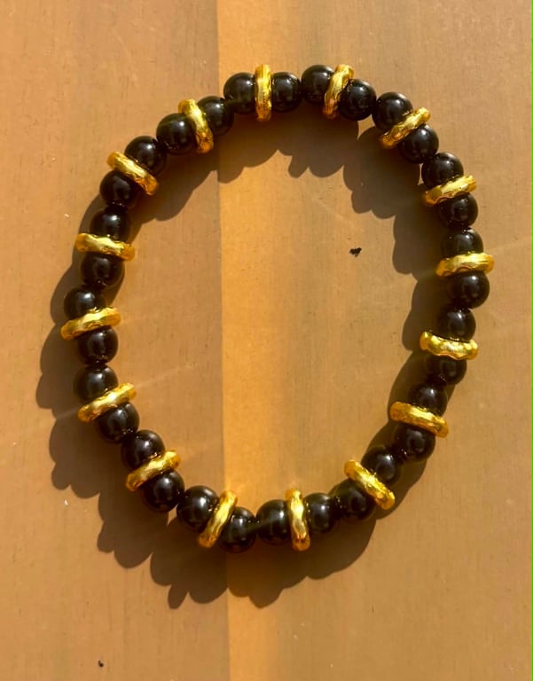 Handmade Black Beaded Bracelet with Gold-Tone Spacers