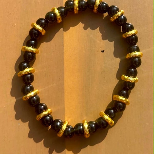 Handmade Black Beaded Bracelet with Gold-Tone Spacers