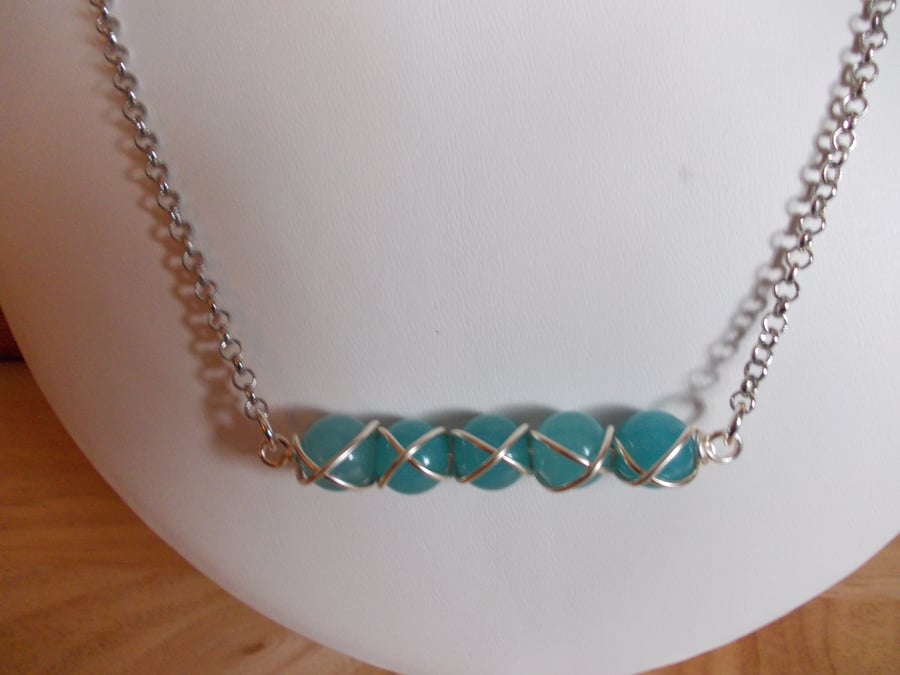 Wire wrapped aqua quartzite bar necklace